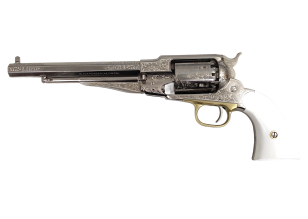 1858 Brass Frame Nickel Engraved White Grip, Brass Triggerguard 8" .44